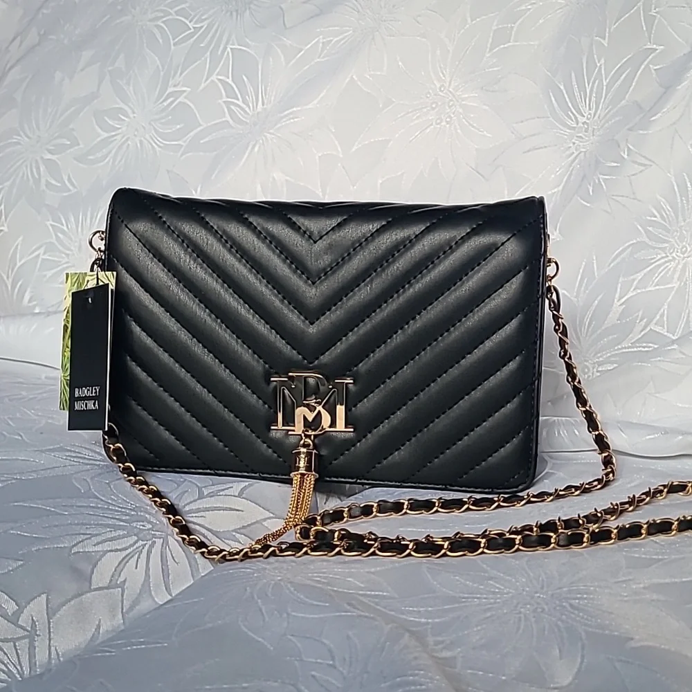 Badgley Mischka Black Crossbody Bag with Gold Accents - Picture 1 of 13